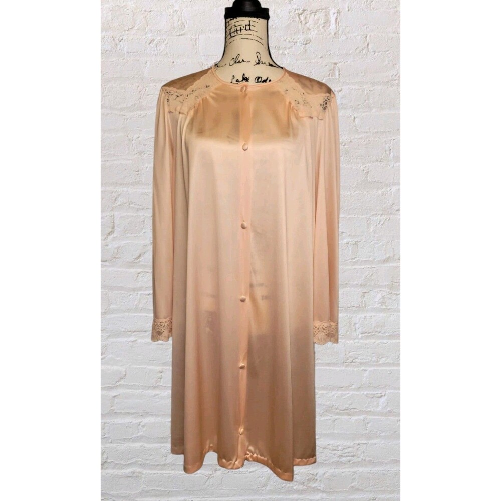 Vtg 80s Vanity Fair Peach Nylon Robe Peignoir MED Button Front Boudoir Glam